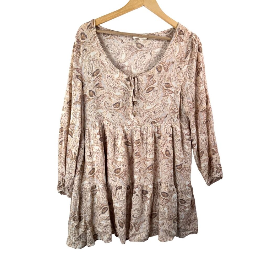 Bohme boho floral paisley babydoll mini tunic dress flowy tan Y2K sz s